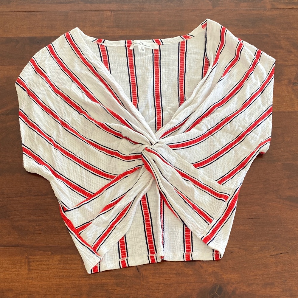 Love Tree White Crop Top with Red and Black Stripes